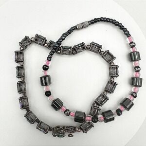 Vintage 90's Black & Pink Hematite Magnetic Necklace & Wrap Bracelet Set Retro